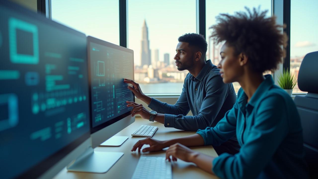 Team photo of Hourglass Hacks employees in a modern San Francisco office, smiling and collaborating around a large screen displaying Mac optimization data.