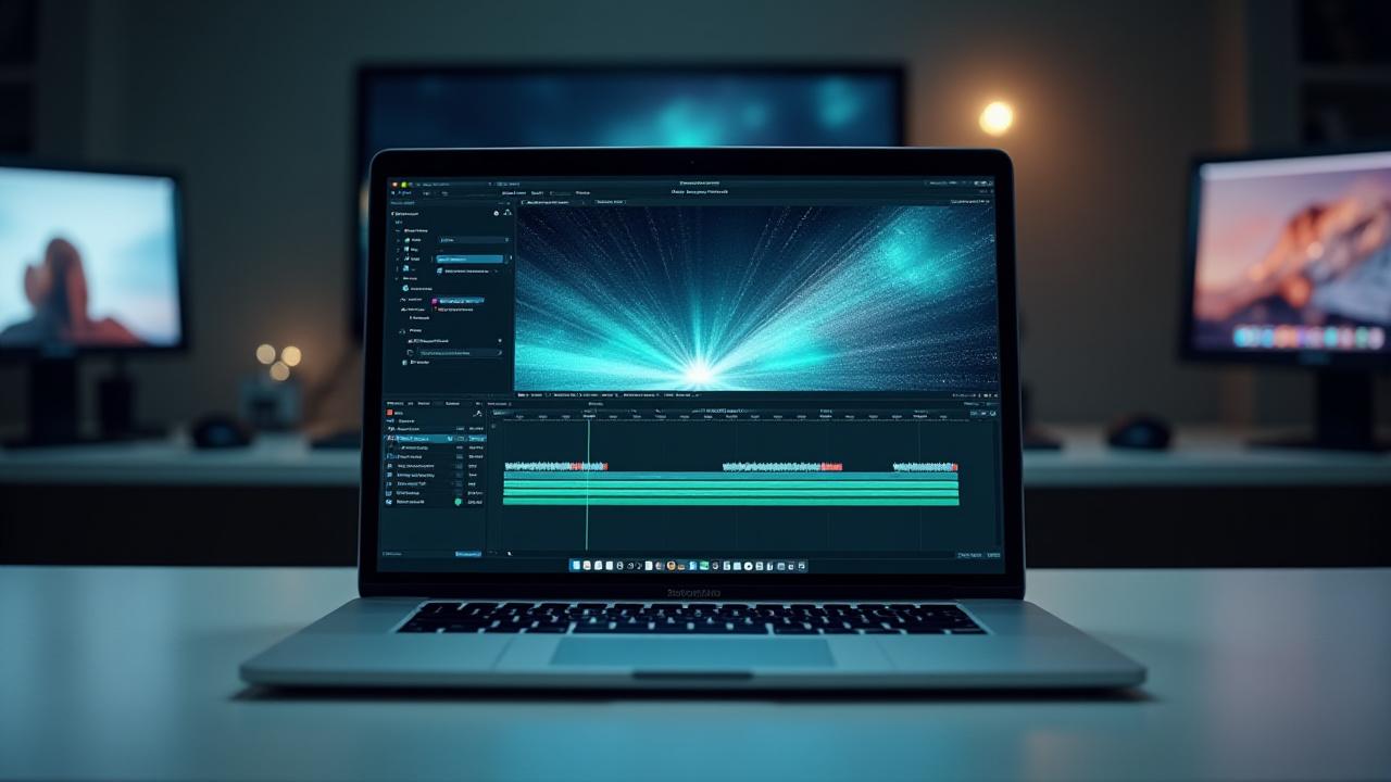 Dynamic image of creative software in use on a MacBook Pro with vibrant overlays